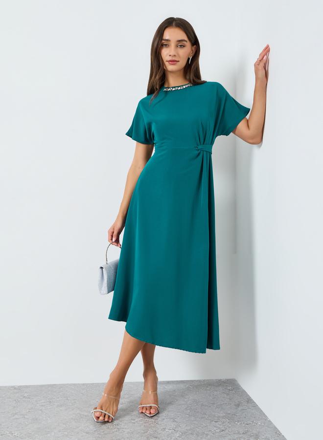 Styli Women Teal Embellished Short Sleeves Midi Dress - Image 5